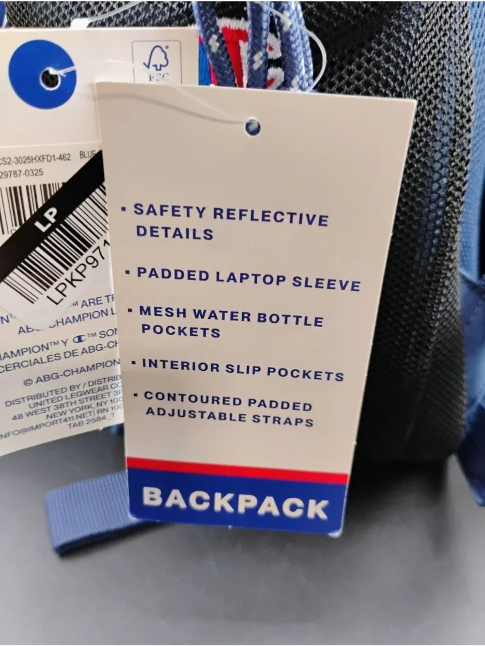 Champion Youth Blue Logo Backpack With Padded Straps & Mesh Pockets